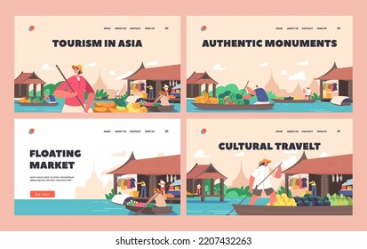 Floating Market Landing Page Template Set. People Sell Goods In Thailand Water Fair. Characters Moving On Boats By River Offer Fruits, Flowers Or Clothes To Customers. Cartoon Vector Illustration