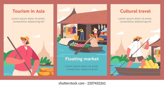 Floating Market in Thailand Cartoon Banners. Saleswoman Character in Straw Hat on Boat with Paddle Sell and Buy Goods Float by River. Traditional Trading in Asian Country. Vector Illustration, Posters