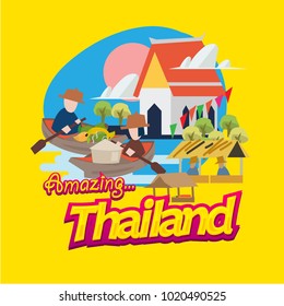 floating market in Thailand  with typographic. landmark of Thailand - vector illustration