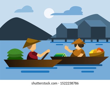 floating market, traditional, vegetable and fruit in blue background flat design