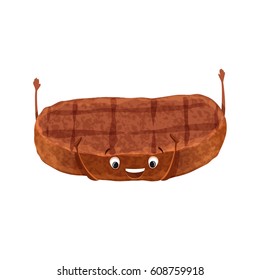 Floating meat patty. Cute funny grilled steak character with happy face. Kids menu illustration. Fresh, tasty and healthy food on white background
