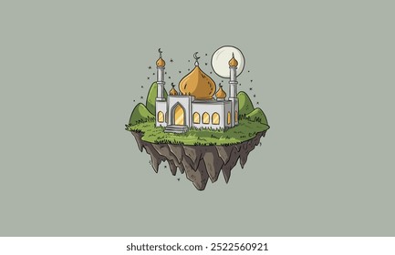 Floating mosque on an island under a starry night sky