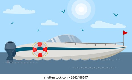 Floating motor speed boat vector illustration flat. Vessel yacht ship with lifebuoy at sea ocean lake water. Luxury vacation sport marine leisure travel transport. Sky and gulls.