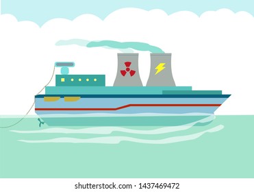 A Floating Nuclear Reactor Ship Supplying Electricity. Editable Clip Art.