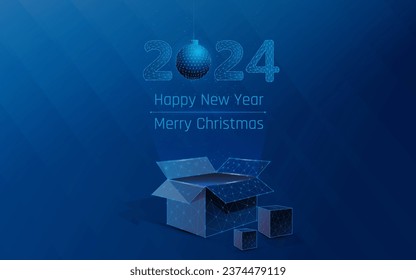 floating numbers over open magic box, concept of new year and Christmas, gift box with a present under the Christmas tree from Santa. wireframe and plexus style. isolate. triangle .vector illustration