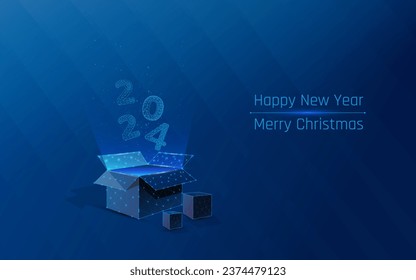 floating numbers over open magic box, concept of new year and Christmas, gift box with a present under the Christmas tree from Santa. wireframe and plexus style. isolate. triangle .vector illustration