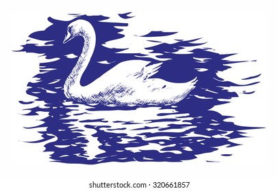 Floating on water swan and its reflection.