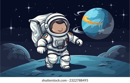 Flotando fuera de la estación espacial, un alegre astronauta de caricatura está izando una bandera