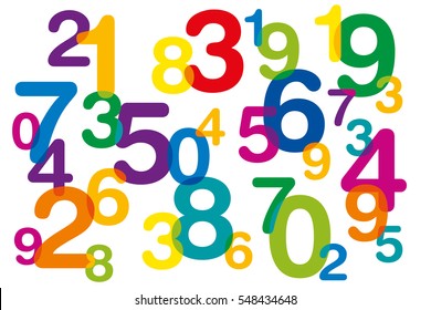 Floating and overlapping colored numbers as symbol for numerology or flood of data. Ten numbers from one to zero disorganized and of different sizes. Isolated illustration on white background. Vector.