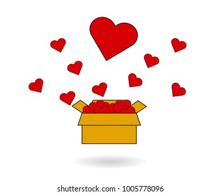Floating paperboard package contains full of hearts. Box opened and hearts flying out. A Valentine's day , love in a box  delivery concept.