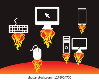 Floating Part Of Computer Set And Cell Phone Away From Earth Vector Illustration Isolated Background Cartoon