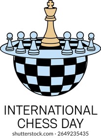 Floating pawn and world map symbol for international chess day awareness theme event or vector concept