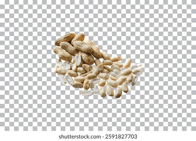 Floating Peanut Kernels and Shells isolated on transparent background