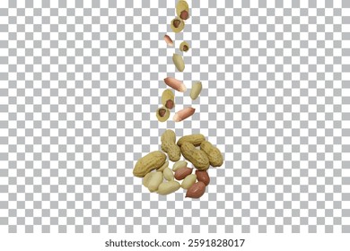 Floating Peanut Kernels and Shells isolated on transparent background