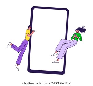 Floating people with big smartphone blank screen