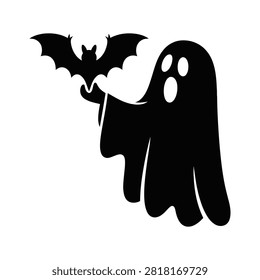 Floating phantom carrying bat, spooky halloween vector graphic, festive seasonal icon, simple dark character art.