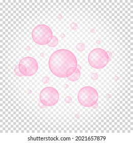 Burbujas rosa flotantes sobre fondo transparente. Espuma de jabón, sandalias de baño, textura limpiadora. Agua de cerezo o fresa. Goma de burbuja. Ilustración vectorial realista.