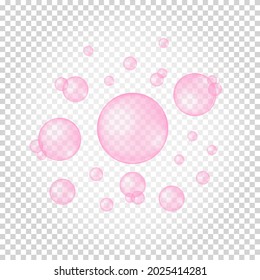 Floating Pink Bubbles On Transparent Background. Cherry Or Strawberry Gum. Fizzy Carbonated Water Texture. Soap Foam, Bath Suds, Cleanser Texture. Vector Realistic Illustration.