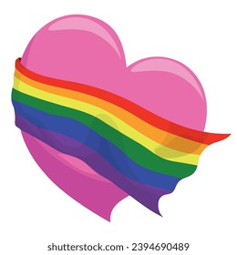 Floating pink heart covered with rainbow flag in cartoon style on white background.