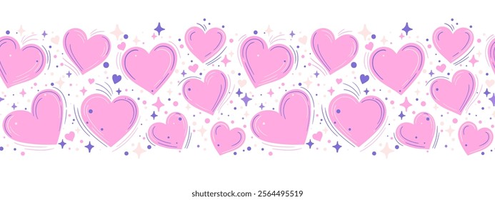 Floating pink hearts seamless vector border on a transparent back. Artistic design with stars and dots and motion lines creates dreamy, romantic mood. For Valentines Day or wedding projects.