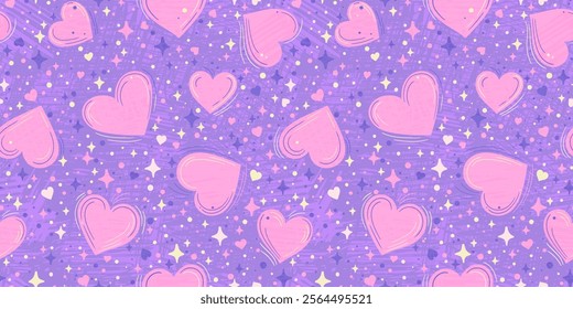 Floating pink hearts seamless vector pattern on textured purple background. Artistic design with stars and dots and motion lines creates dreamy, romantic mood. For Valentines Day or wedding projects.