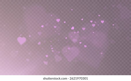 Floating pink hearts with soft glow on transparent background. Backdrop for romantic effects, emotional visuals and light overlays for holiday themes.