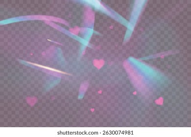 Floating pink hearts with soft glow on transparent background. Background for romantic effects, emotional visuals and light overlays for holiday themes.