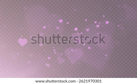 Floating pink hearts with soft glow on transparent background. Backdrop for romantic effects, emotional visuals and light overlays for holiday themes.