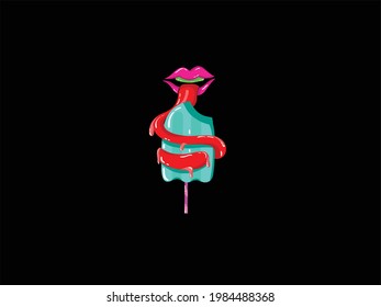 floating pink lips with a red tongue wrapped around a popsicle, vector illustration cartoon summertime, sticker design, magnet, print, art, tattoo, board art, punk aesthetic 