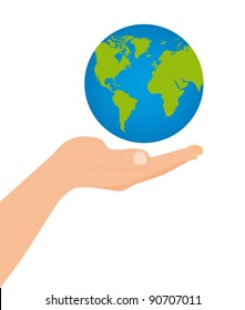 floating planet over hand over white background. vector
