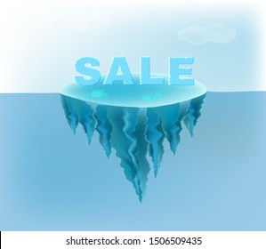 Floating planet A piece of ice land in the deep blue sea with 3d frozen text SALE, Sign and symbol, vector illustration.