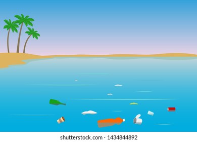 Floating plastic garbage in lake. Water pollution. Vector illustration. 