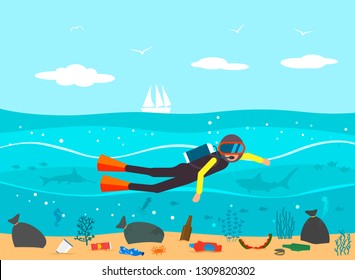 Floating plastic marine debris with a scuba diver swimming on coral reefs and fish. ecological catastrophy. flat vector illustration in cartoon style