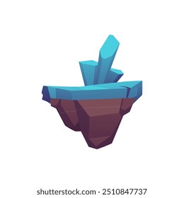 Floating platform with blue crystals and rocky base. Isolated on a white background vector illustration for game design, featuring a stylized land element with sharp edges and geometric shapes.