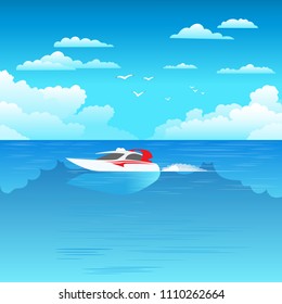 Floating pleasure boat on the background of a beautiful blue sky with white clouds. Vector illustration.
