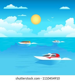 Floating pleasure boat on the background of a beautiful blue sky with white clouds. Vector illustration.