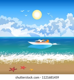 Floating pleasure boat on the background of a beautiful blue sky with white clouds. Vector illustration.