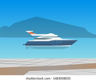 Floating pleasure power boat. Yacht sailing in sea or ocean and mountain view on background. Vessel transport, seascape and marine recreation. Vector illustration in flat cartoon style