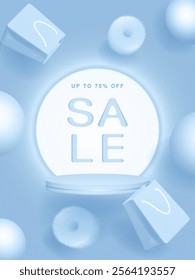 Floating podium with flying balls, fluffy circles, shopping bags. Sale, winter sale idea on soft blue background, up to 70% off