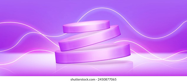 Floating podium with neon decorative wave elements. Realistic 3d vector illustration of flying in air three parts cylinder product platform or stage with light glow effect. Pedestal for goods display.