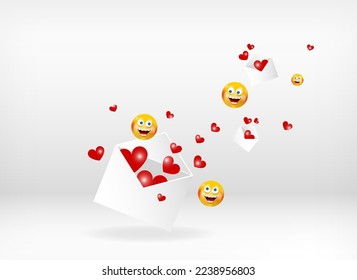 Floating postal envelope with flying hearts and happy smiling emoji isolated on white background. Valentine's day, love, romantic concept. Graphic for design