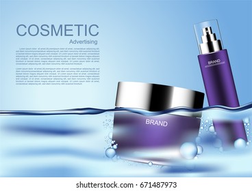 Floating purple cosmetic products with small bubbles , Vector purple cosmetic collection
