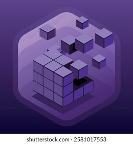 Floating purple cube structure breaking apart, symbolizing data, digital transformation, and abstract geometry