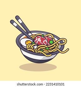 Floating ramen noodle with egg, beef, mold, vegetables and chopstick isolated cartoon vector