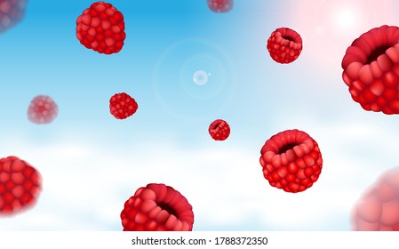 Floating raspberries with blue sky background