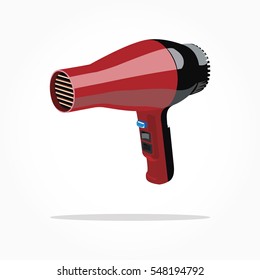 floating realistic black red hair dryer machine with detail viewed from the side with drop shadow