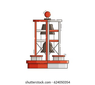 Floating red bell buoy vector illustration. Sea navigation marker isolated on white background. Marine lateral mark icon in flat design.