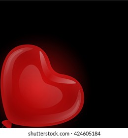 Floating red gel balloon in the shape of hearts of looks from the corners on black background.