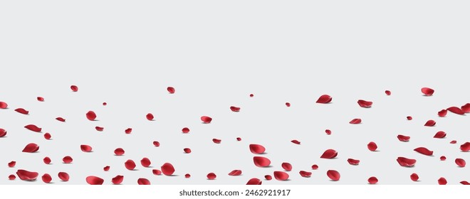 Floating red rose petal isolated on white. Background concept for love greetings on valentines day and mothers day