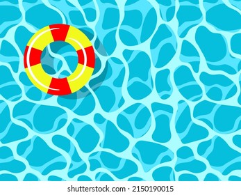 Floating ring, inflatable toy for summer holidays. Summer blue swiming pool top view. Swim ring on water sea, ocean surface background vector illustration. 